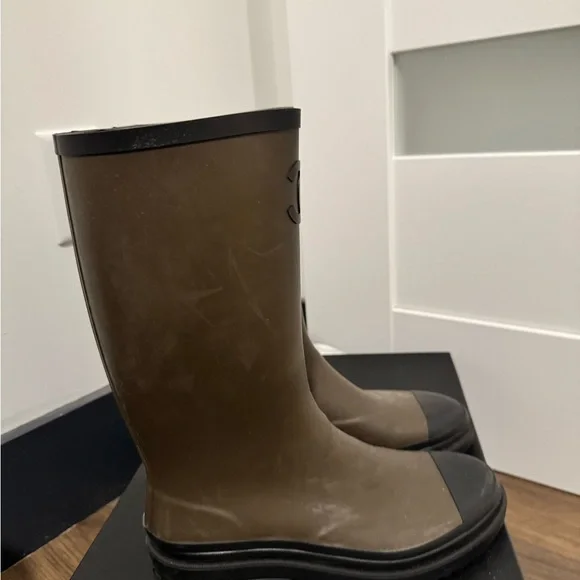 CHANEL Olive Rubber Boots with Black Trim